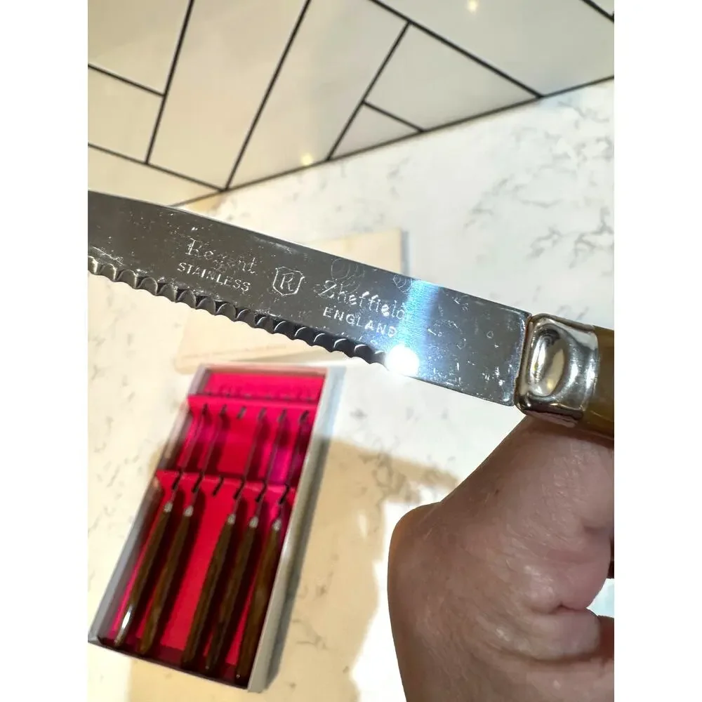 vintage Regent Sheffield steak knife set stainless steel blades faux wood handle